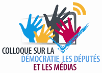 logo de l'événement: quatre mains, de couleurs différentes, côte à côte; avec un cadre rappelant un écran; un V rappelant une coche de vote; et des courbes invoquant des ondes.
