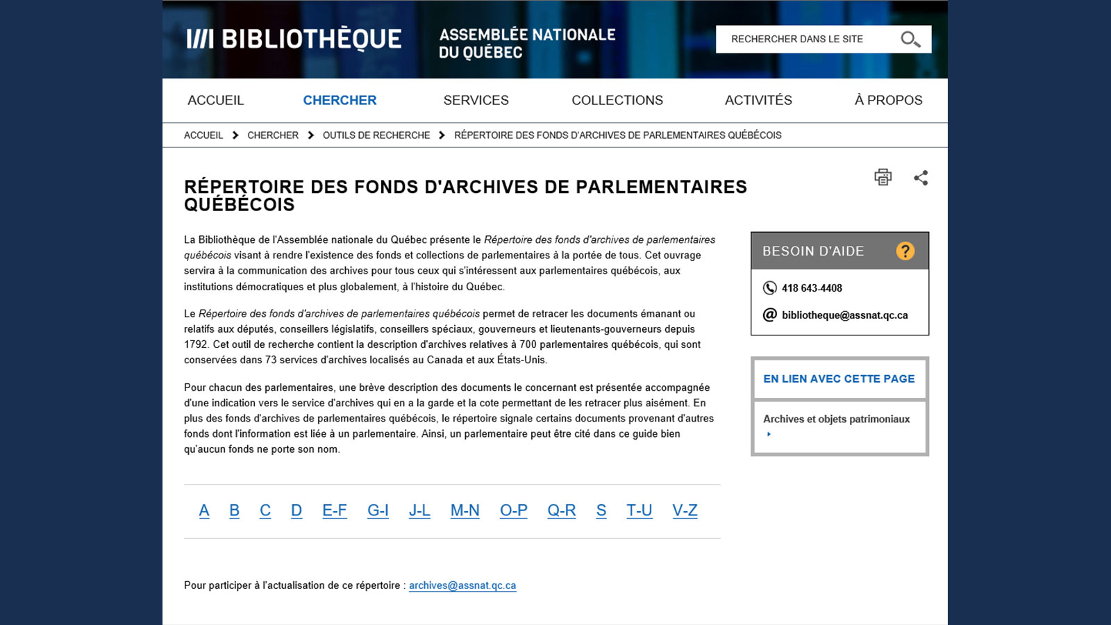 Répertoire des fonds d'archives de parlementaires québécois